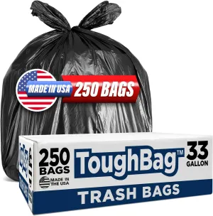 ToughBag 30-33 Gallon Trash Bags Heavy Duty, 32 x 38" Black Garbage Bags (250 COUNT) – 30 , 32 Gallon Trash Bags - Made In USA