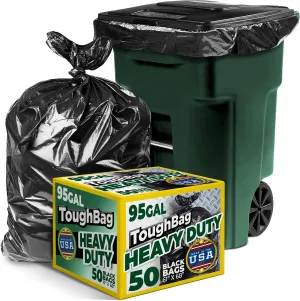 ToughBag 95-96 Gallon Trash Bags Heavy Duty, Black Garbage Can Liners (50 Count) Extra Large Trash Bags - Made In USA