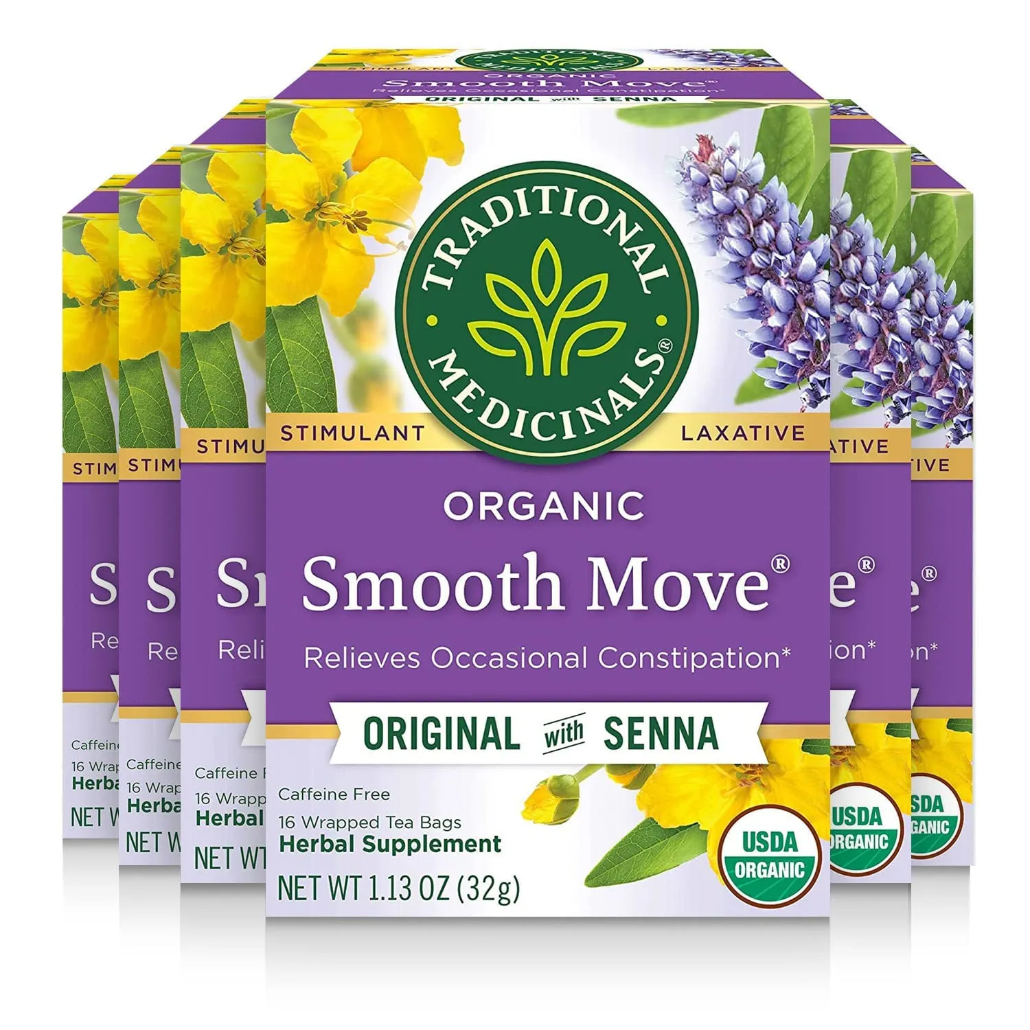 Traditional Medicinals Tea, Organic Smooth Move, Relieves Occasional Constipation, Senna, 96 Tea Bags (6 Pack)