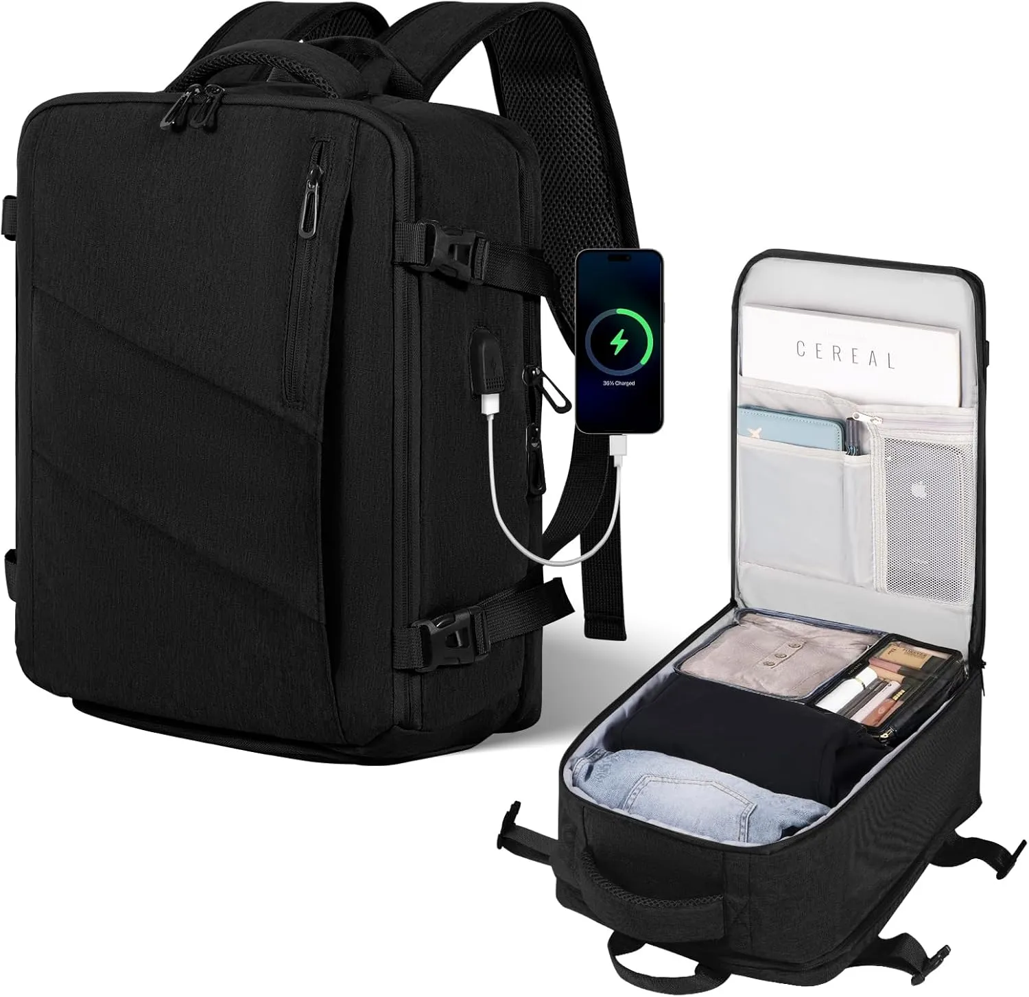 Travel Backpack for Women, Carry on Backpack for Men, 17" Laptop Backpack Flight Approved, Waterproof Backpacks for College Weekender Business, with USB Charging Port & Shoe Pouch, Black