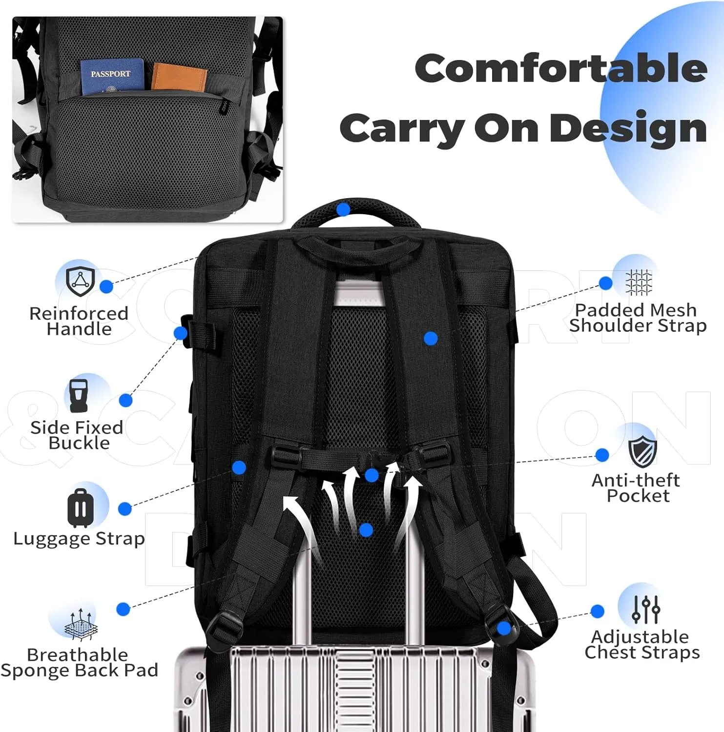 Travel Backpack for Women, Carry on Backpack for Men, 17" Laptop Backpack Flight Approved, Waterproof Backpacks for College Weekender Business, with USB Charging Port & Shoe Pouch, Black