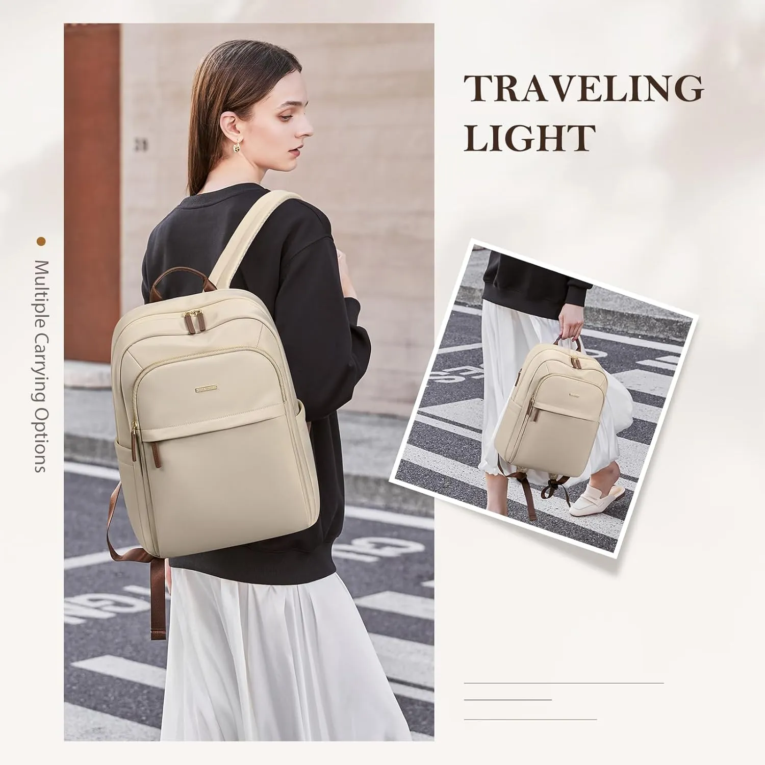 Travel Backpack for Women Personal Carry On Bag Business Weekender Hiking Multilayer Laptop Bag,16 Inch,Apricot
