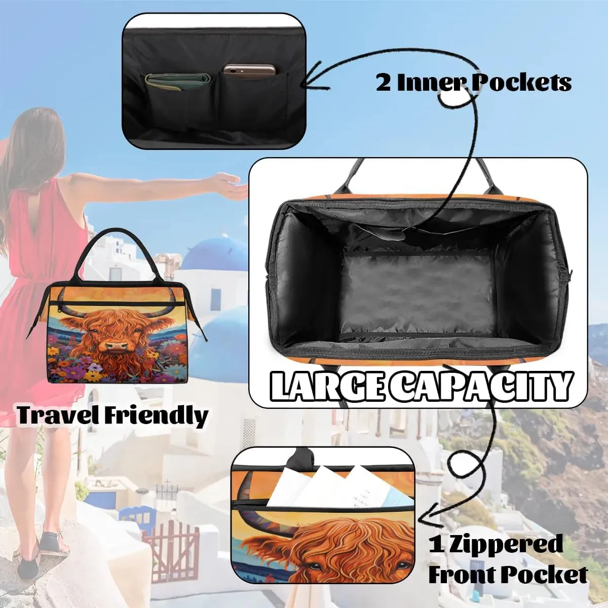 Travel Duffel Bag for Women, Highland Cow Flower Weekender Overnight Bag Carry on Beach Swim Bags Dance Bag Airlines Approved Personal Item Travel Bag for Yoga, Sports, Hospital