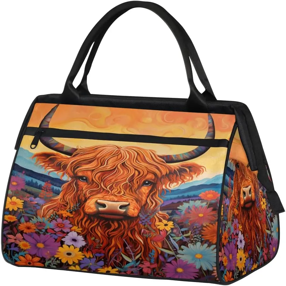 Travel Duffel Bag for Women, Highland Cow Flower Weekender Overnight Bag Carry on Beach Swim Bags Dance Bag Airlines Approved Personal Item Travel Bag for Yoga, Sports, Hospital