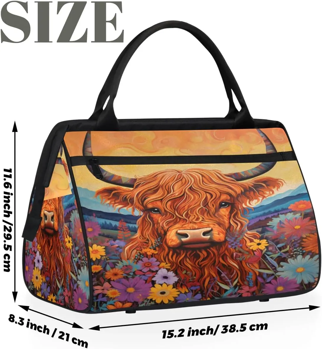 Travel Duffel Bag for Women, Highland Cow Flower Weekender Overnight Bag Carry on Beach Swim Bags Dance Bag Airlines Approved Personal Item Travel Bag for Yoga, Sports, Hospital