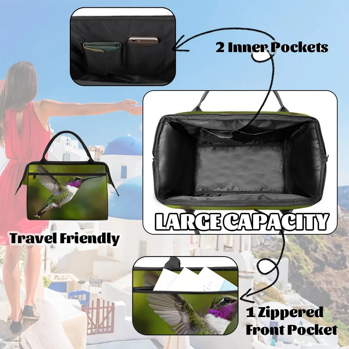Travel Duffel Bag for Women, Hummingbird Prints Weekender Overnight Bag Carry on Beach Swim Bags Dance Bag Airlines Approved Personal Item Travel Bag for Yoga, Sports, Hospital