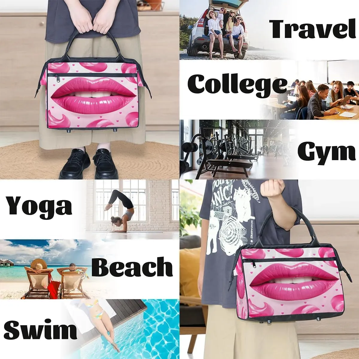 Travel Duffel Bag for Women, Lips Pattern Weekender Overnight Bag Carry on Beach Swim Bags Dance Bag Airlines Approved Personal Item Travel Bag for Yoga, Sports, Hospital