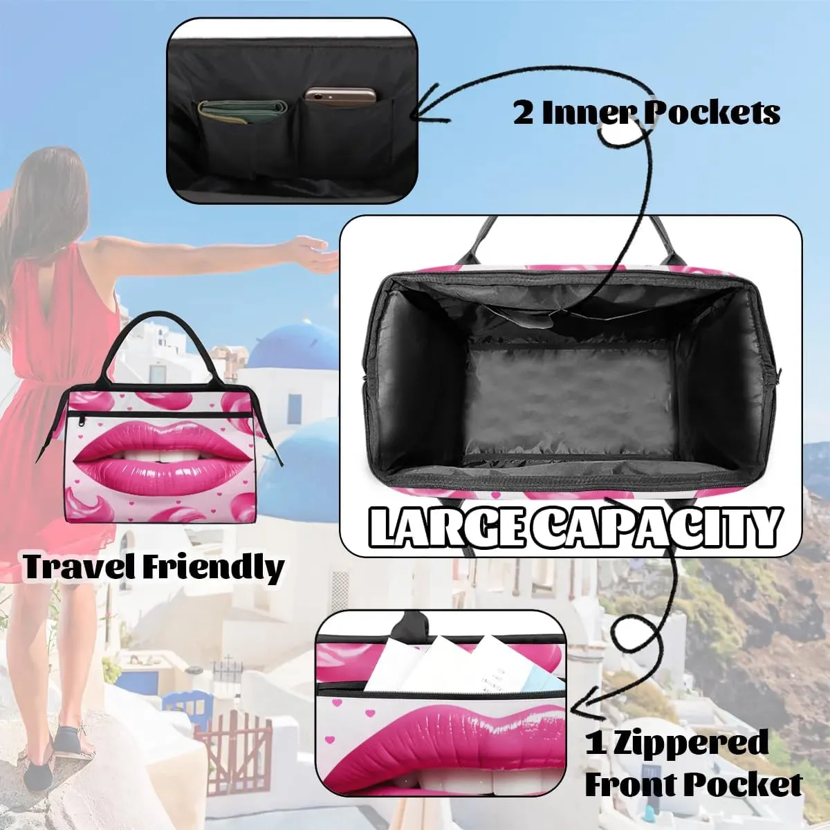 Travel Duffel Bag for Women, Lips Pattern Weekender Overnight Bag Carry on Beach Swim Bags Dance Bag Airlines Approved Personal Item Travel Bag for Yoga, Sports, Hospital