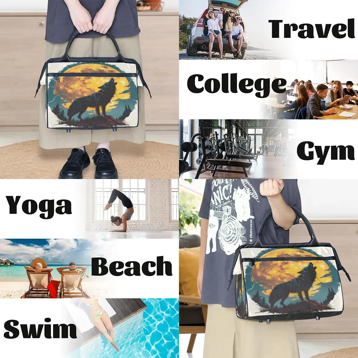 Travel Duffel Bag for Women, Moon Wolf Prints Weekender Overnight Bag Carry on Beach Swim Bags Dance Bag Airlines Approved Personal Item Travel Bag for Yoga, Sports, Hospital