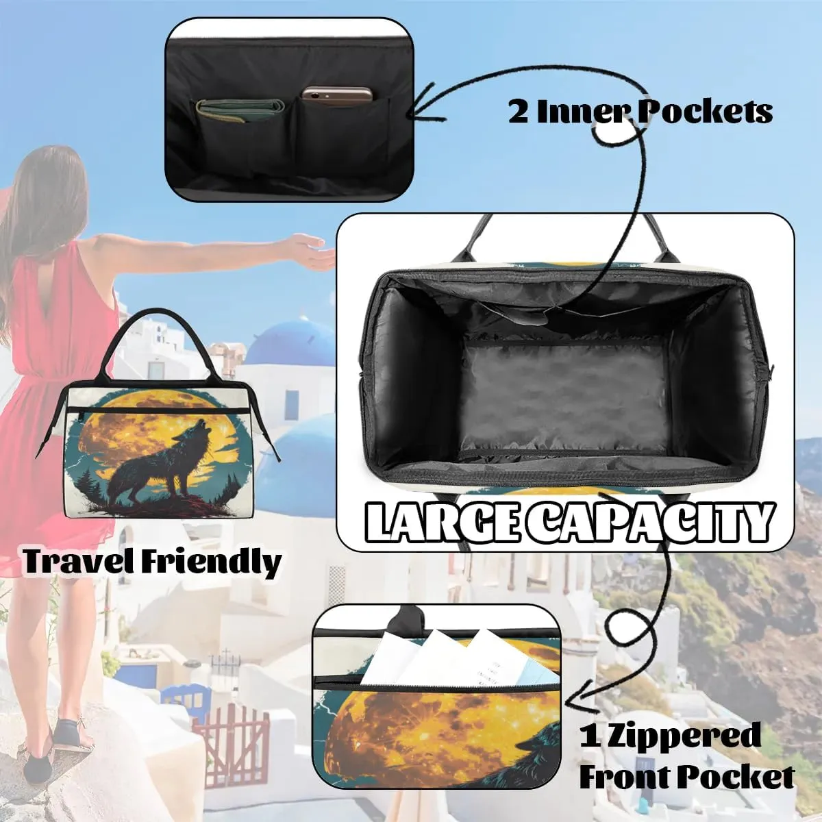 Travel Duffel Bag for Women, Moon Wolf Prints Weekender Overnight Bag Carry on Beach Swim Bags Dance Bag Airlines Approved Personal Item Travel Bag for Yoga, Sports, Hospital