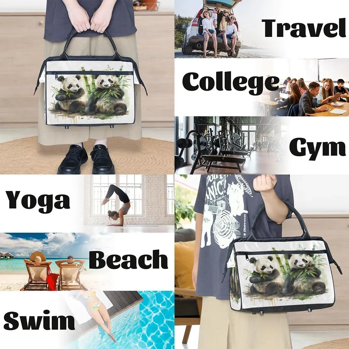 Travel Duffel Bag for Women, Watercolor Panda Animal Weekender Overnight Bag Carry on Beach Swim Bags Dance Bag Airlines Approved Personal Item Travel Bag for Yoga, Sports, Hospital