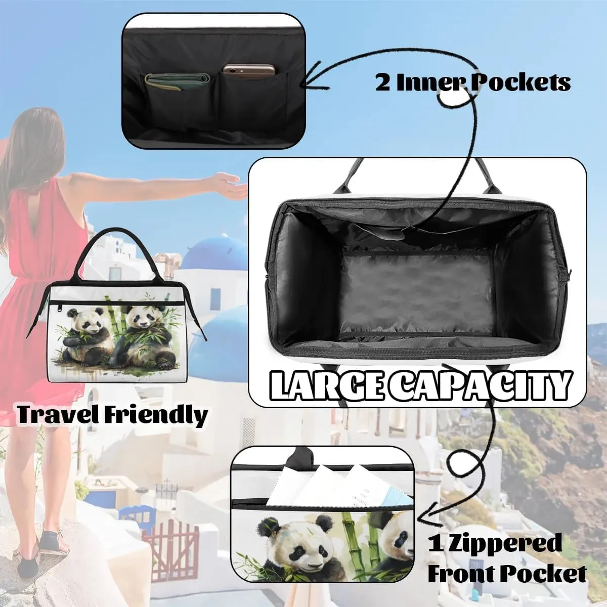 Travel Duffel Bag for Women, Watercolor Panda Animal Weekender Overnight Bag Carry on Beach Swim Bags Dance Bag Airlines Approved Personal Item Travel Bag for Yoga, Sports, Hospital