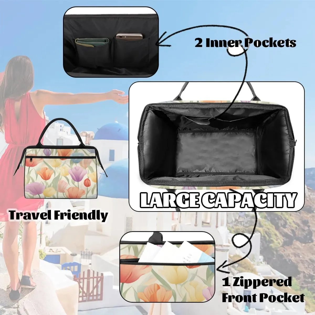 Travel Duffel Bag for Women, Watercolor Tulips Weekender Overnight Bag Carry on Beach Swim Bags Dance Bag Airlines Approved Personal Item Travel Bag for Yoga, Sports, Hospital