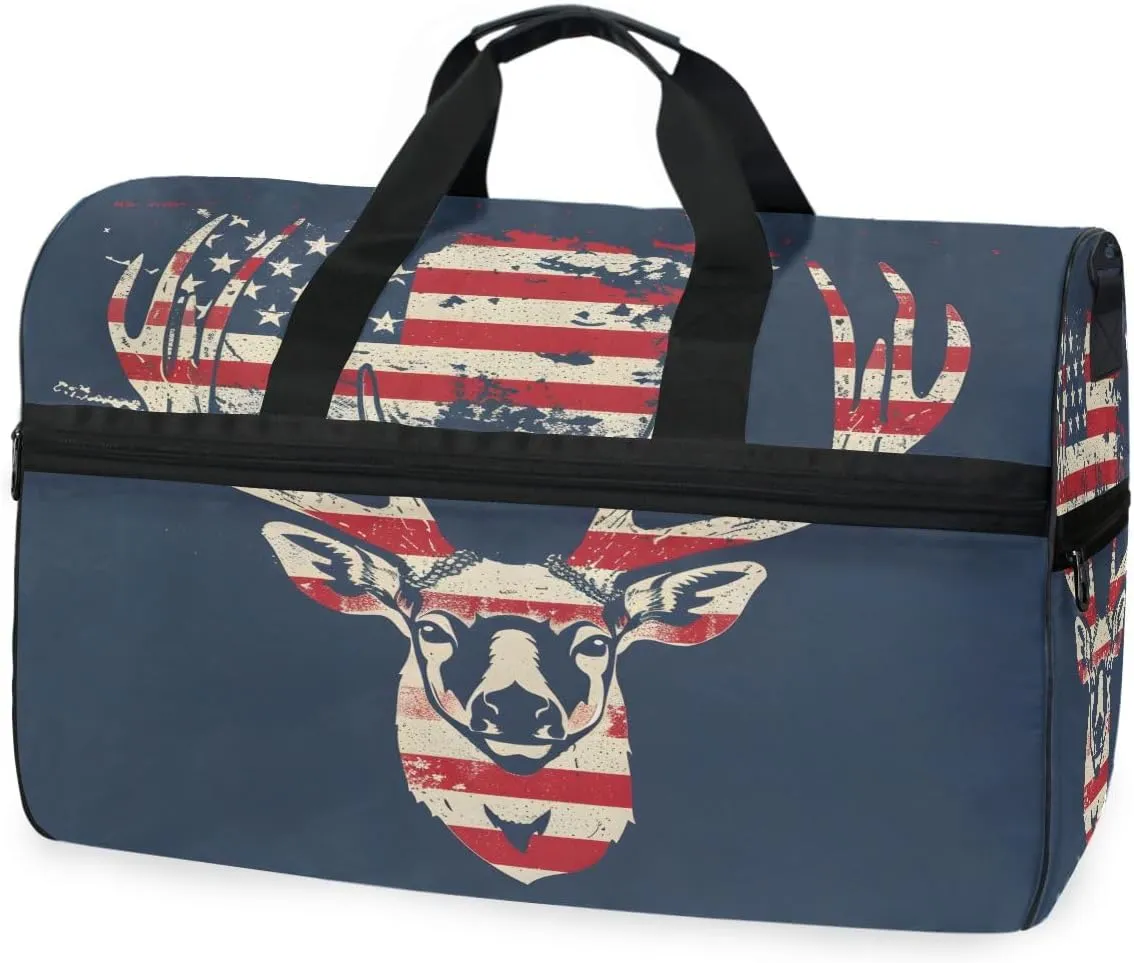 Travel Duffels Deer and American Flag Duffle Bag Luggage Sports Gym for Women & Men