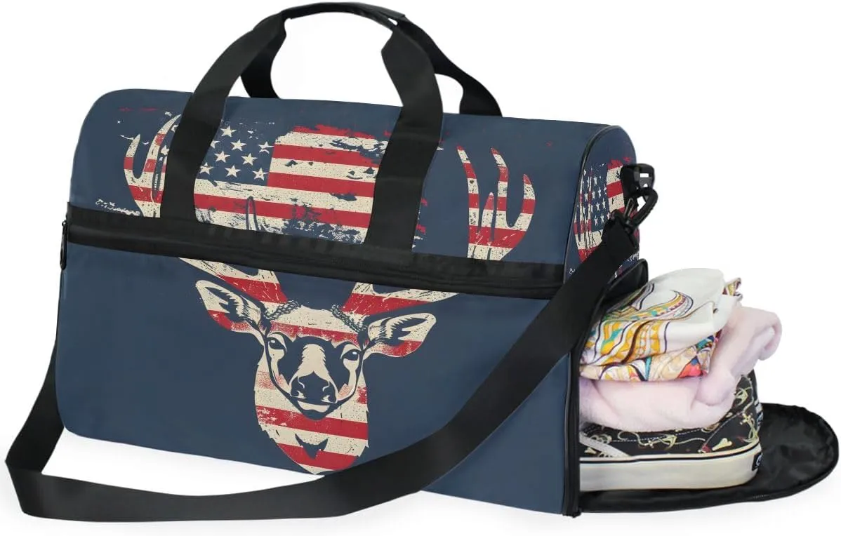 Travel Duffels Deer and American Flag Duffle Bag Luggage Sports Gym for Women & Men