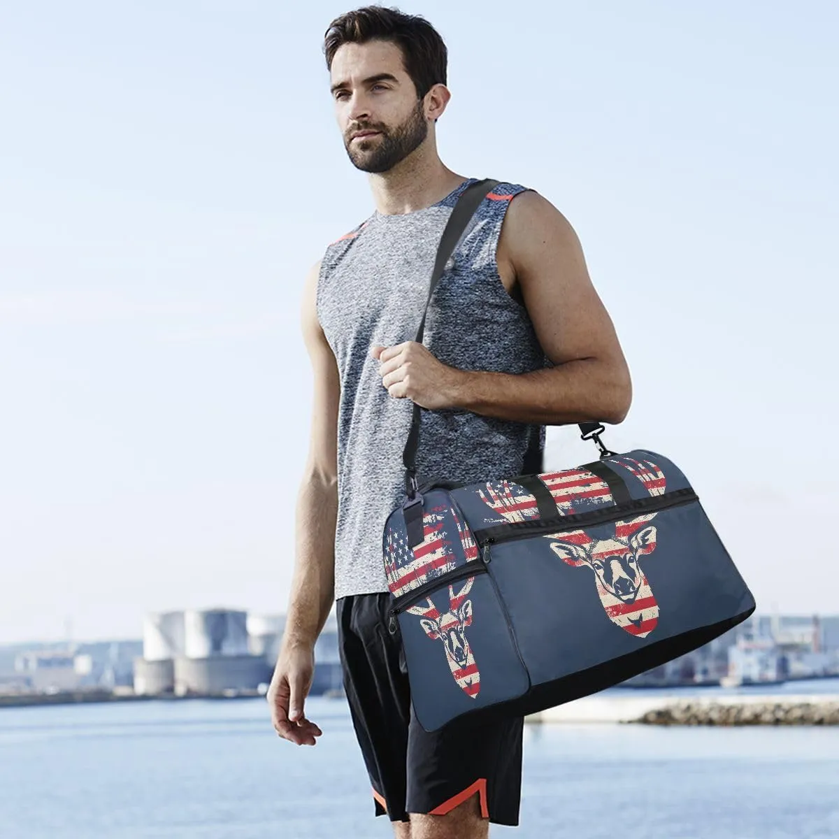 Travel Duffels Deer and American Flag Duffle Bag Luggage Sports Gym for Women & Men