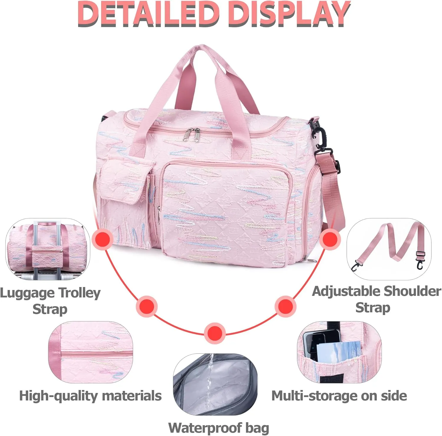 Travel Duffle Bag Waterproof Weekender Carry on Luggage Tote Bags for Women Sport Luggage Large Yoga Gym Trolley Sleeve Overnight Travel Business Bag Pink
