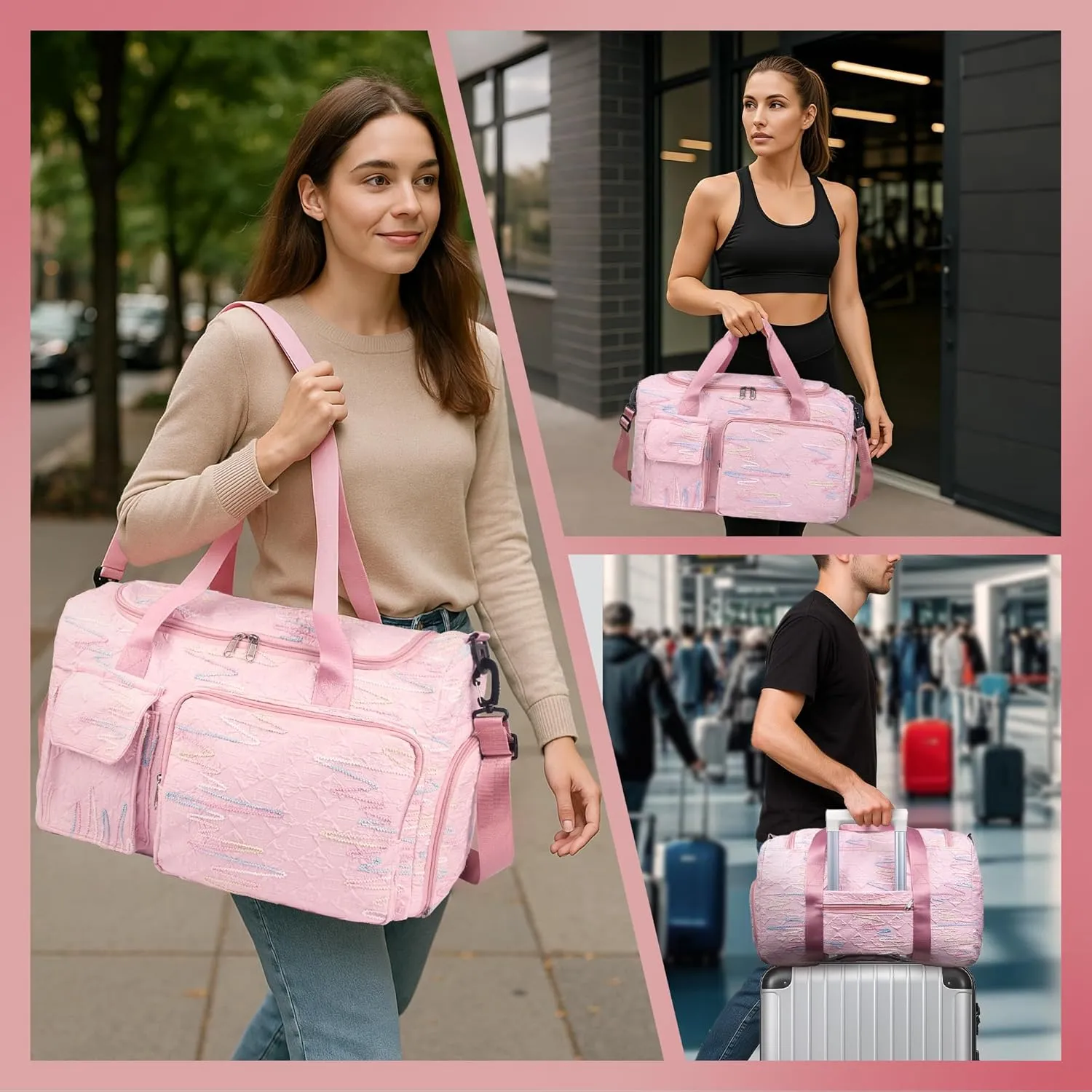 Travel Duffle Bag Waterproof Weekender Carry on Luggage Tote Bags for Women Sport Luggage Large Yoga Gym Trolley Sleeve Overnight Travel Business Bag Pink