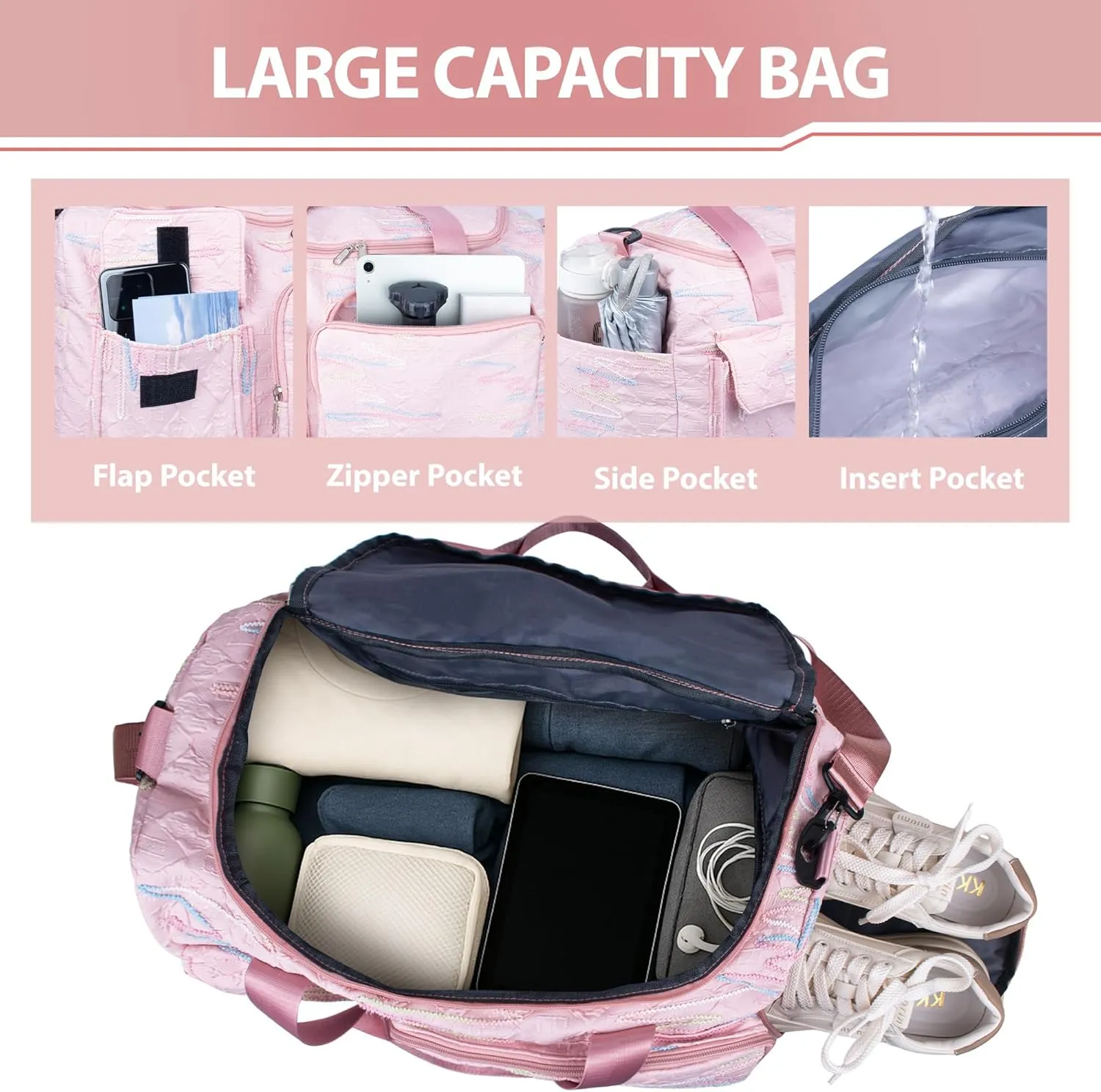 Travel Duffle Bag Waterproof Weekender Carry on Luggage Tote Bags for Women Sport Luggage Large Yoga Gym Trolley Sleeve Overnight Travel Business Bag Pink