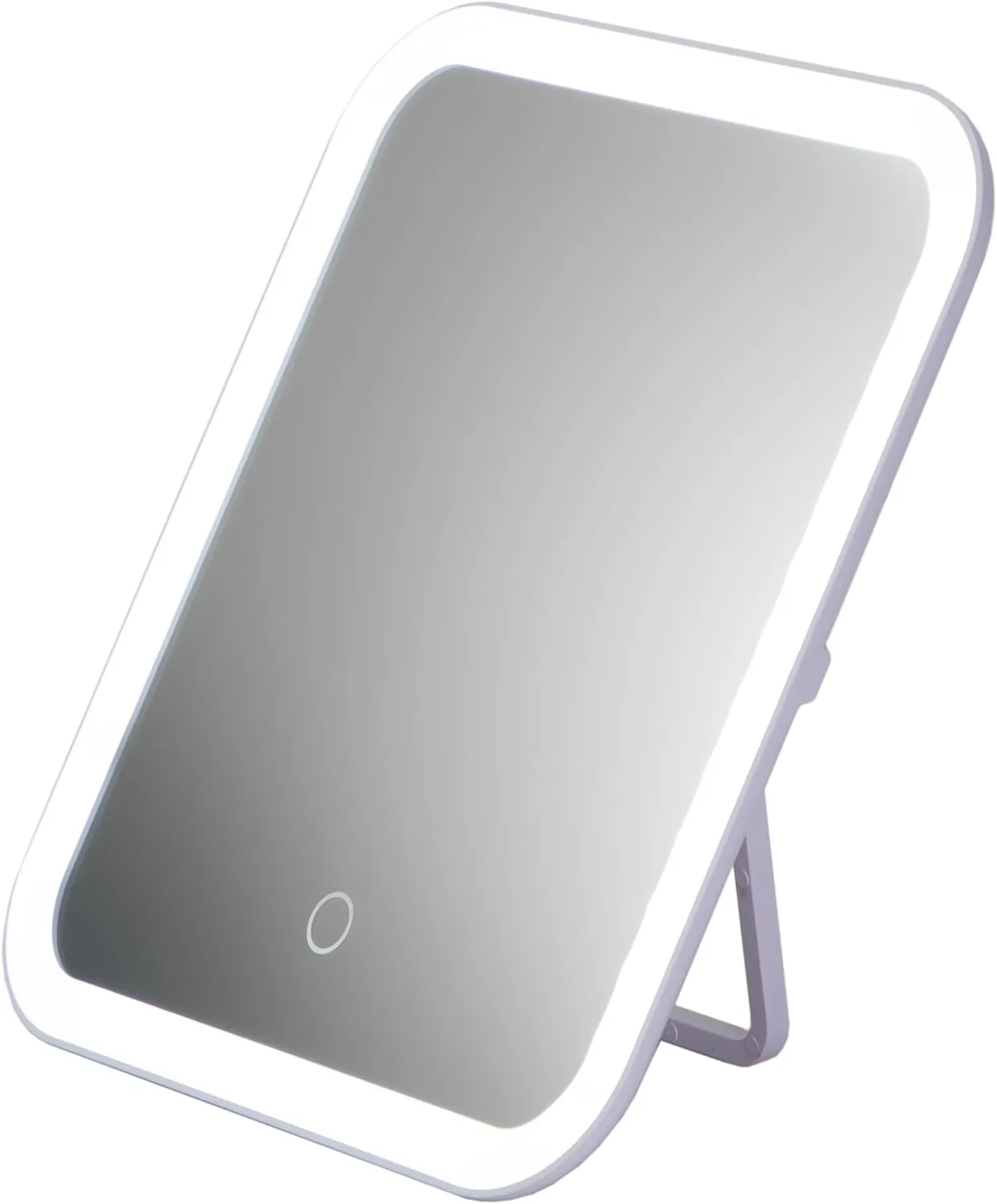 Travel Makeup Mirror with Light, Portable, Rechargeable, 72 LED, 7.6"L x 5.1"W, White Metal Frame, Tabletop Mount