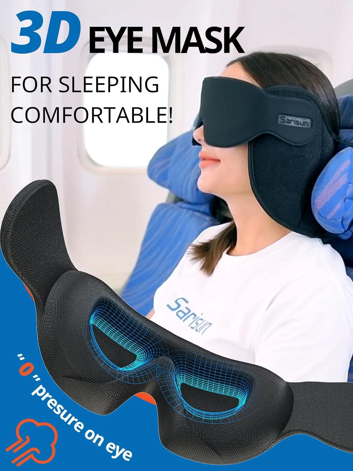 Travel Pillow, Upgrade Airplane Pillow for Long Flight, 360° Support Headrest, Travel Neck Pillow Eye Masks for Sleep, Compact Airplane Travel Essentials, Stop Bobblehead, Mottled Blue