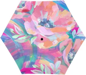 Travel Umbrella for Rain Windproof Acrylic flowers leaves paint smears illustra Cute Portable Compact Mini Umbrella for Women Purse Backpack Car Black Sun UV Protection