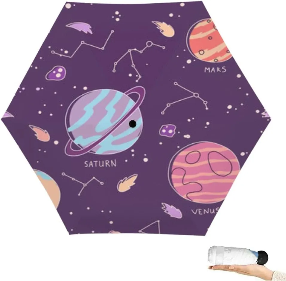 Travel Umbrella for Rain Windproof Constellation planets earth mars saturn venus cartoon solar system Cute Portable Compact Mini Umbrella for Women Purse Backpack Car Black Sun UV Protection
