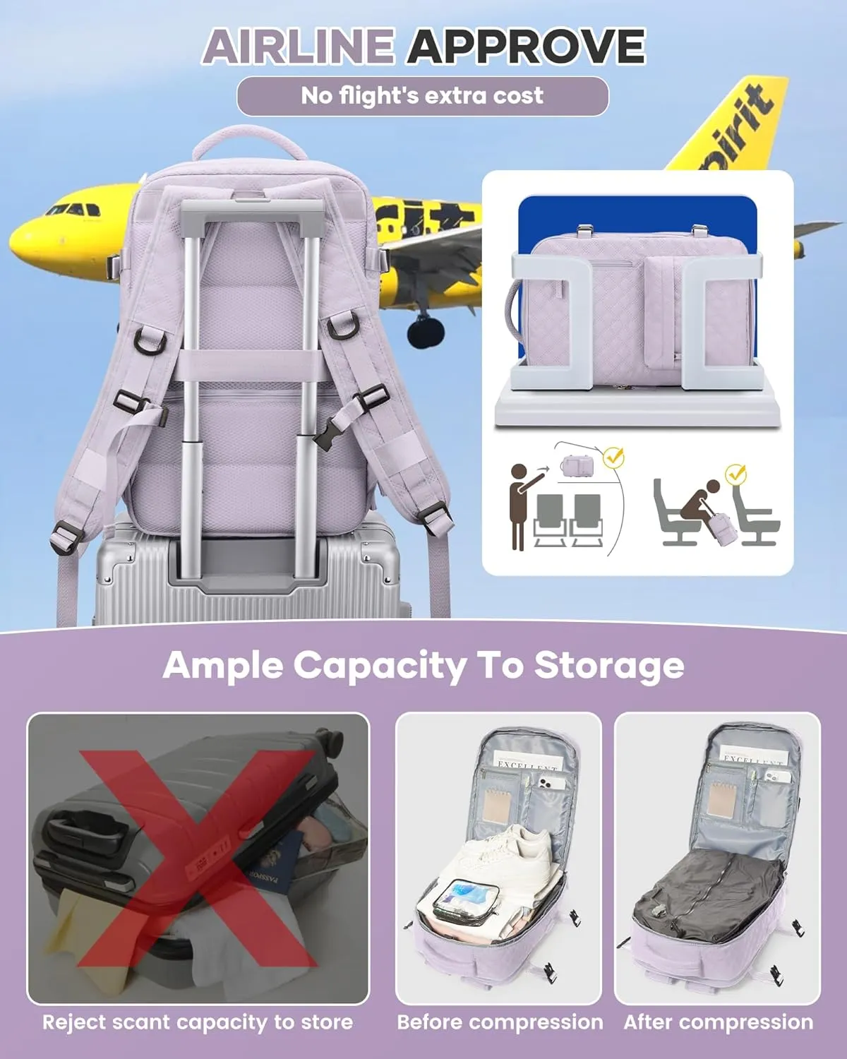 Travel Vacuum Storage Backpack with Air Pump Vacuum Seal Compression Space Saver Bags Clothing Vacpack Airback 18x14x8 inches Travel Bag Carry on Personal item Laptop Work Backpacks Women Men Purple