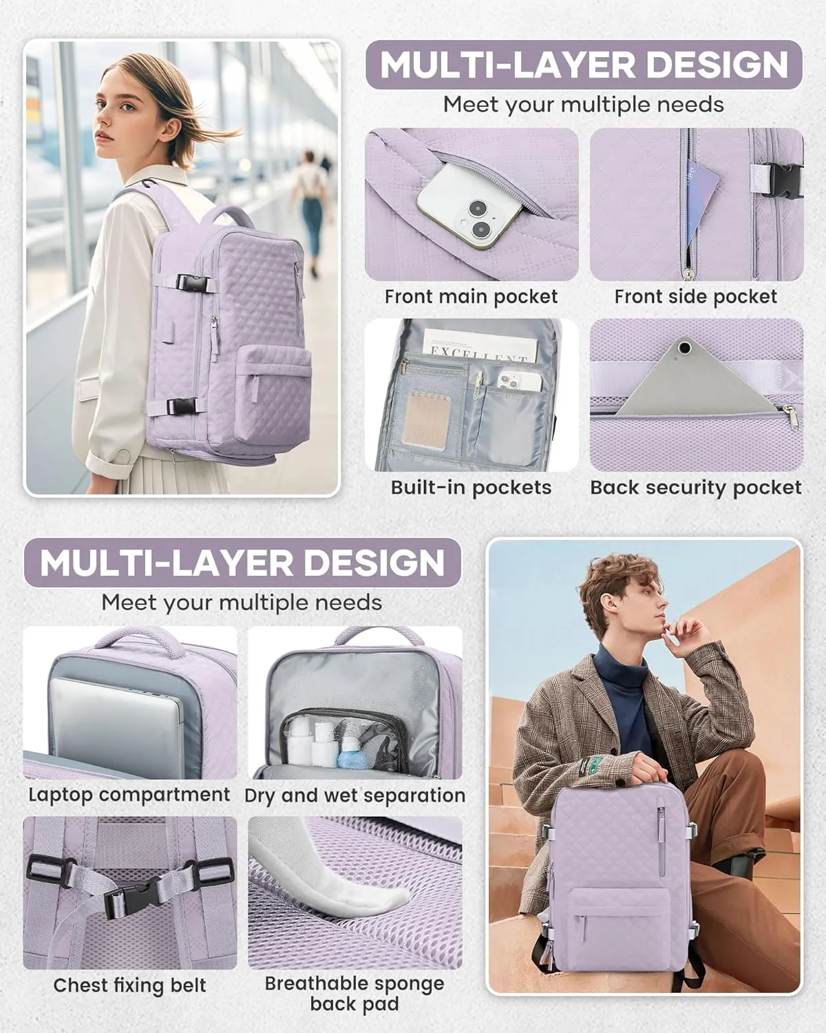 Travel Vacuum Storage Backpack with Air Pump Vacuum Seal Compression Space Saver Bags Clothing Vacpack Airback 18x14x8 inches Travel Bag Carry on Personal item Laptop Work Backpacks Women Men Purple
