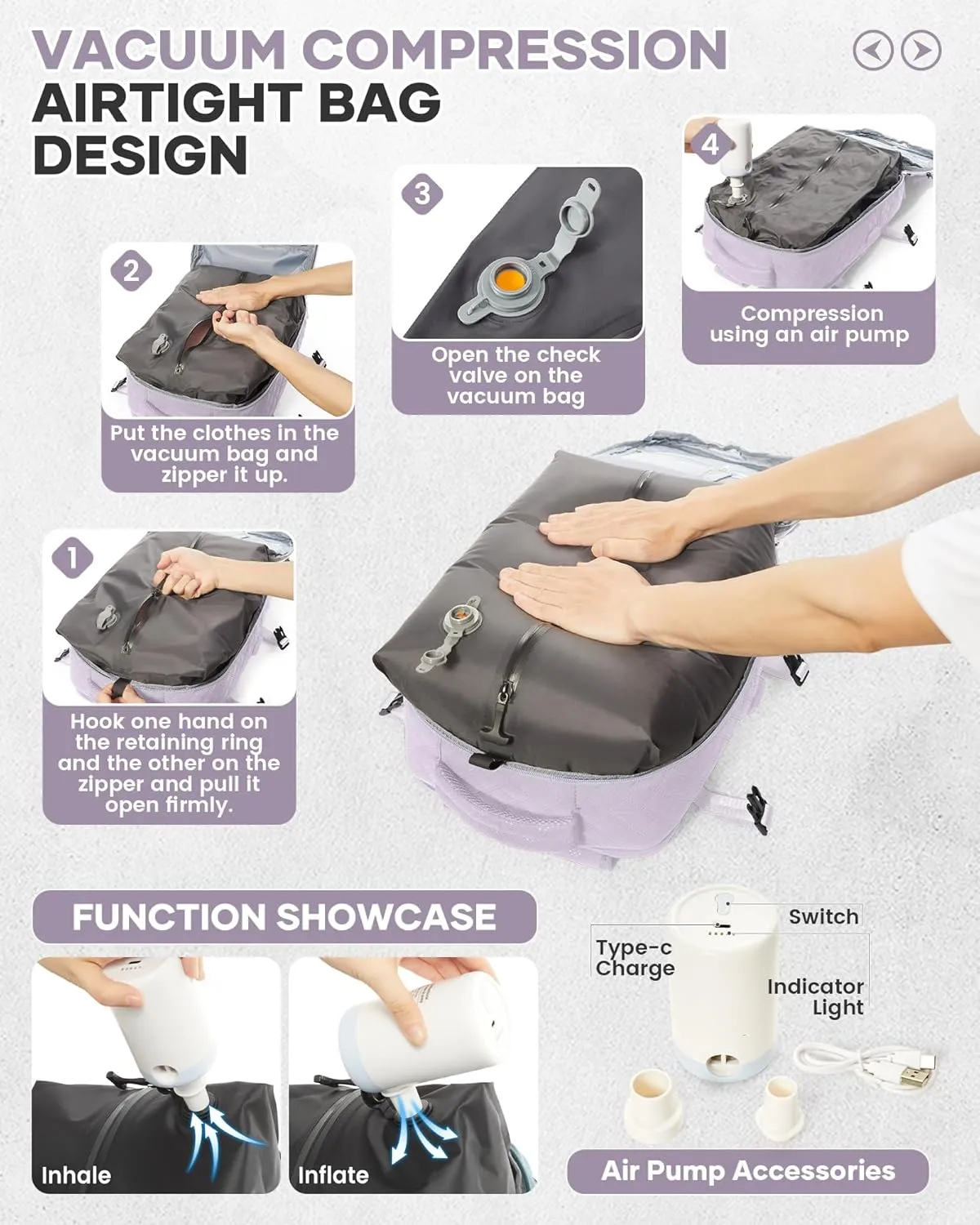 Travel Vacuum Storage Backpack with Air Pump Vacuum Seal Compression Space Saver Bags Clothing Vacpack Airback 18x14x8 inches Travel Bag Carry on Personal item Laptop Work Backpacks Women Men Purple