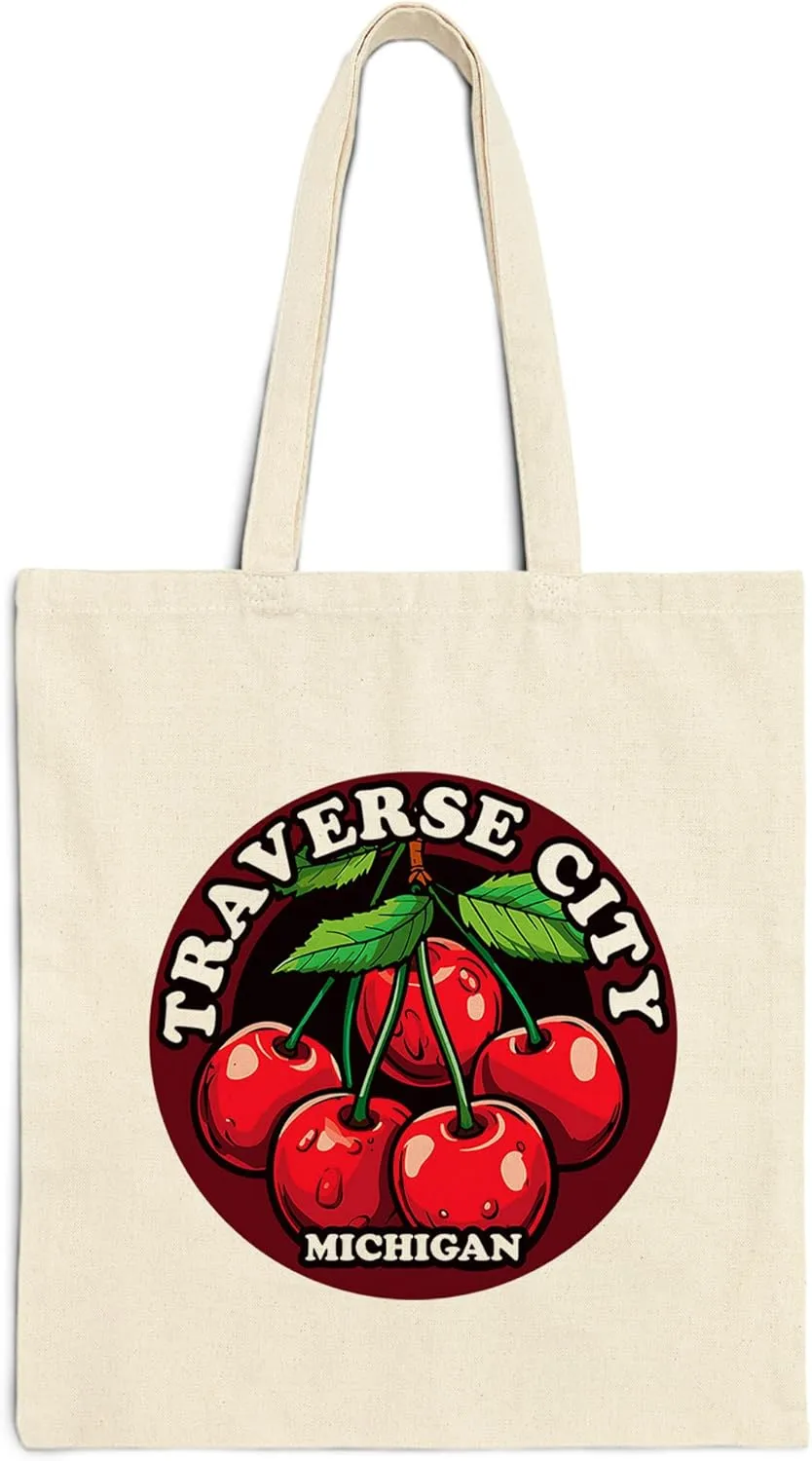 Traverse City Michigan Cotton Tote Bag for Women Men Casual Tote Bag Cloth Canvas Shopping Bags with Handles Cute Bags Everyday Use 15" x 16" Aesthetic Gift ID44997