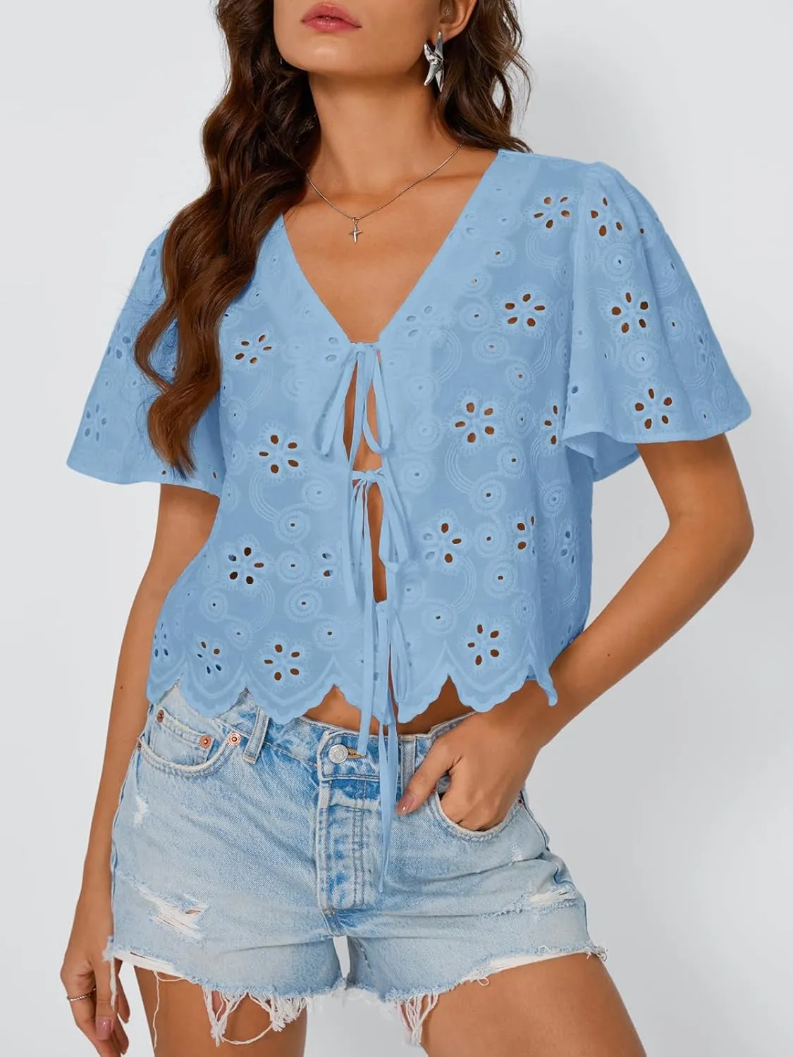 Trendy Queen Womens Tie Front Tops Summer Beach Vacation 2025 Fashion Outfits Short Sleeve Blouses Eyelet Embroidered Clothes
