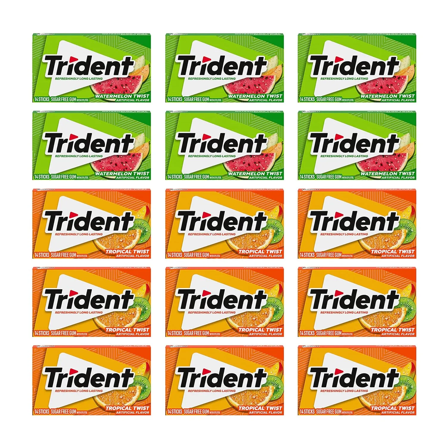Trident Sugar-Free Chewing Gum Variety Pack Candy, Watermelon Twist & Tropical Twist Flavor, Bulk, 15 Packs of 14 Pieces (210 Total Pieces)