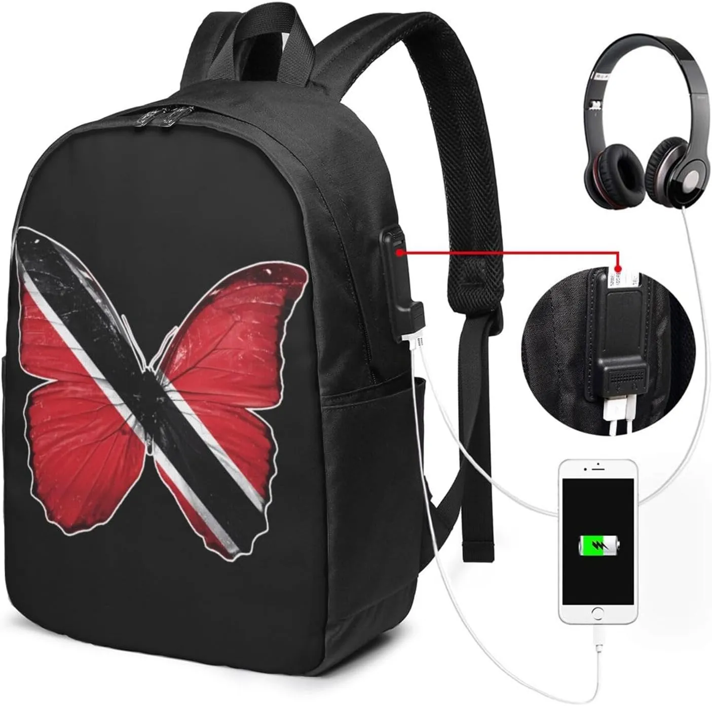 Trinidad Tobago Butterfly Flag Laptop Backpacks Travel Backpack Casual Business Daypack Sport Rucksack Computer Bag Fits up to 17 Inch Notebook with USB Port