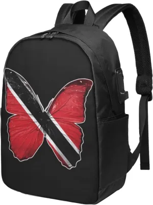 Trinidad Tobago Butterfly Flag Laptop Backpacks Travel Backpack Casual Business Daypack Sport Rucksack Computer Bag Fits up to 17 Inch Notebook with USB Port