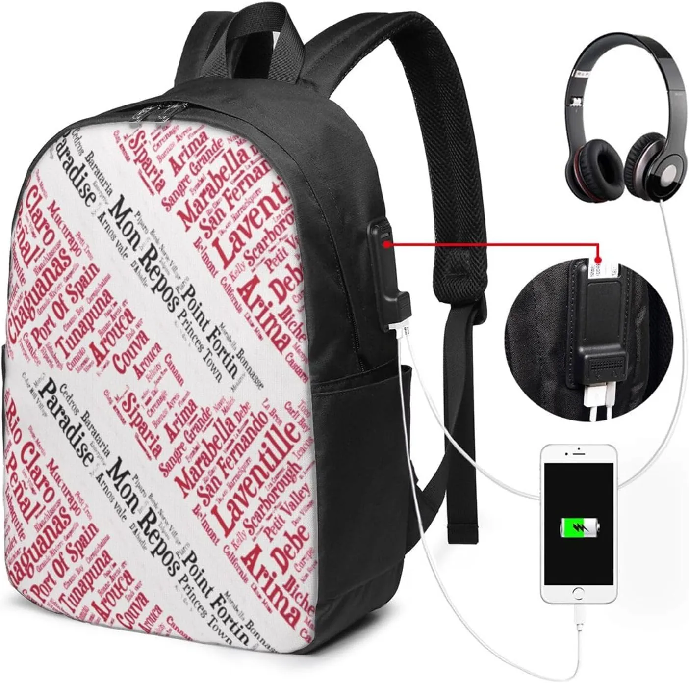 Trinidad Tobago Flag Cities Word Laptop Backpacks Travel Backpack Casual Business Daypack Sport Rucksack Computer Bag Fits up to 17 Inch Notebook with USB Port