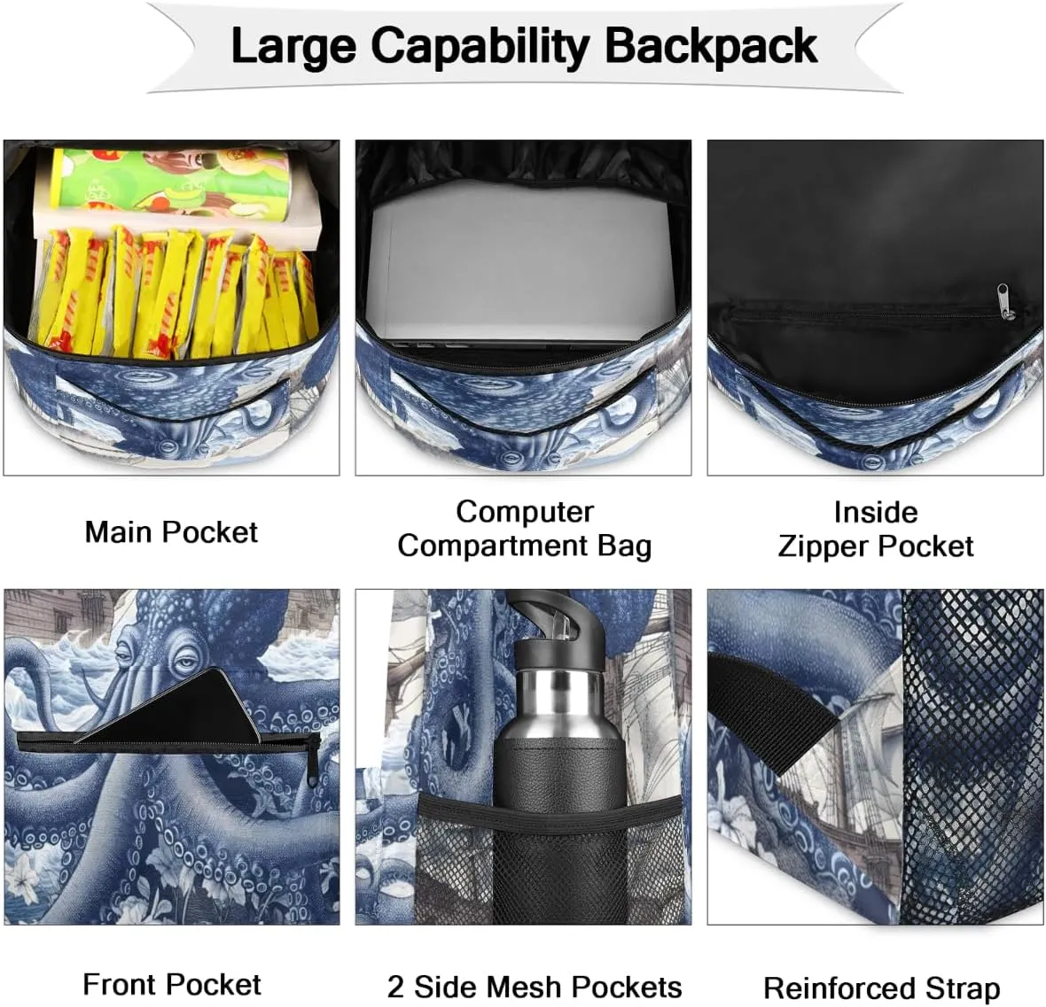 TropicalLife Blue Octopus 18 Inch Travel Laptop Backpack for Women Men Large Business Travel Rucksack Waterproof Casual Daypack