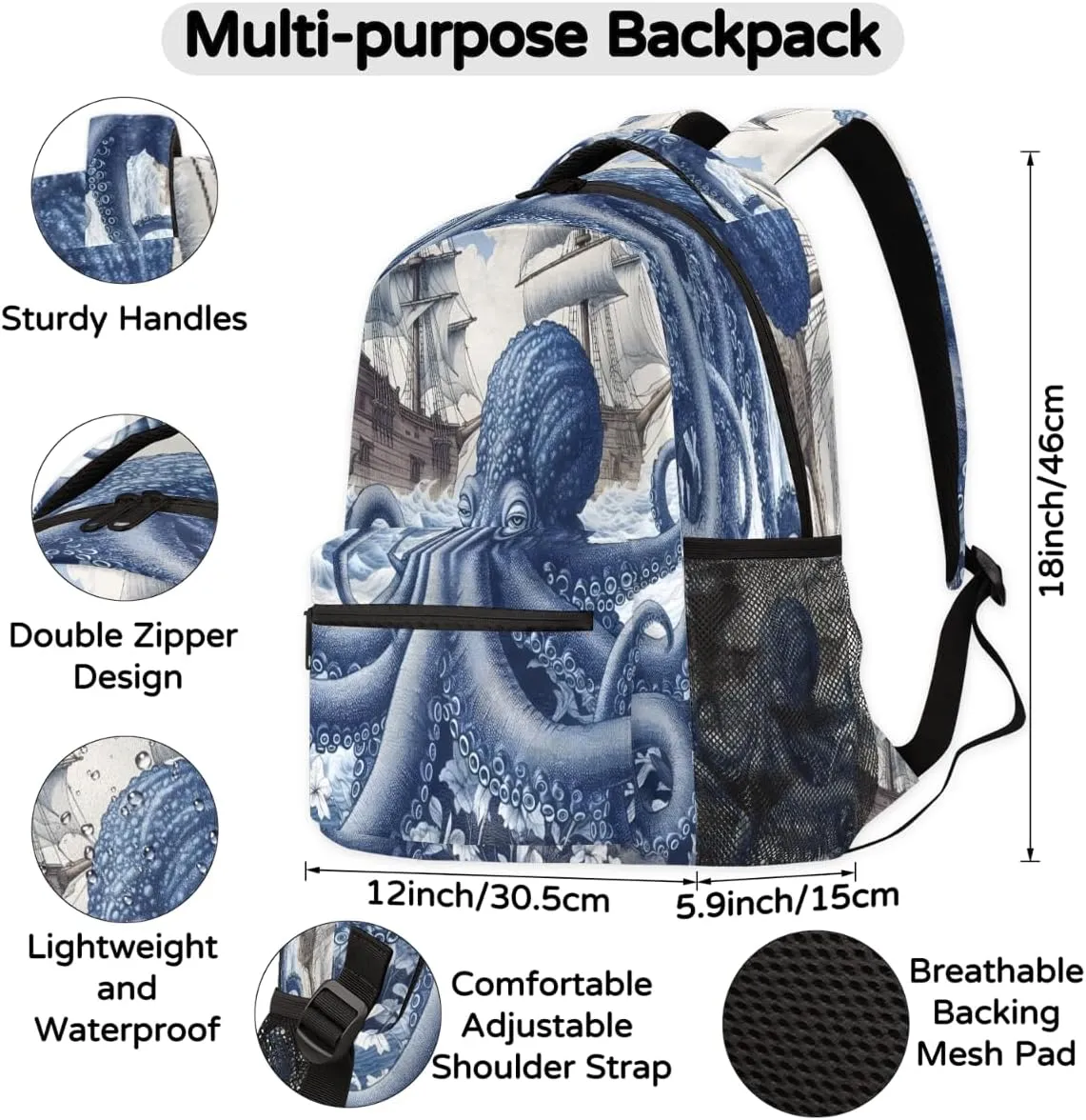 TropicalLife Blue Octopus 18 Inch Travel Laptop Backpack for Women Men Large Business Travel Rucksack Waterproof Casual Daypack