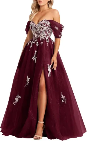 Tulle Embroidery Prom Dresses for Women 2025 Sparkly Off The Shoulder Corset A-Line Formal Ball Gown with Slit