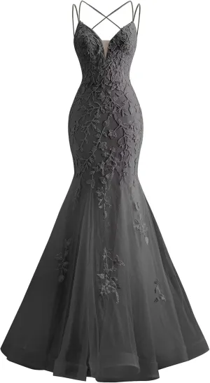 Tulle Mermaid Prom Dresses Lace Applique Spaghetti Straps Wedding Party Dresses for Women