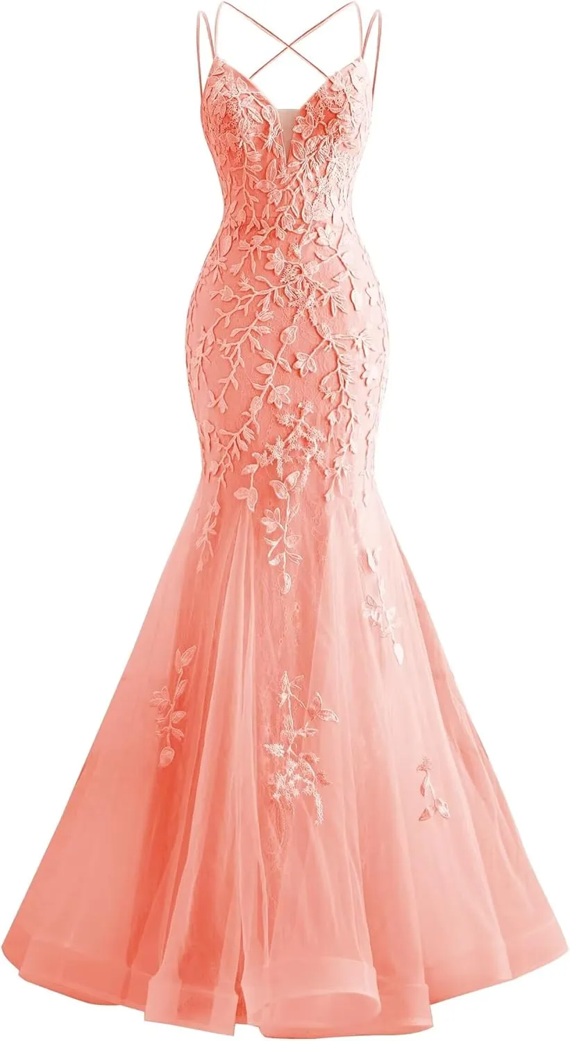 Tulle Mermaid Prom Dresses Lace Applique Spaghetti Straps Wedding Party Dresses for Women