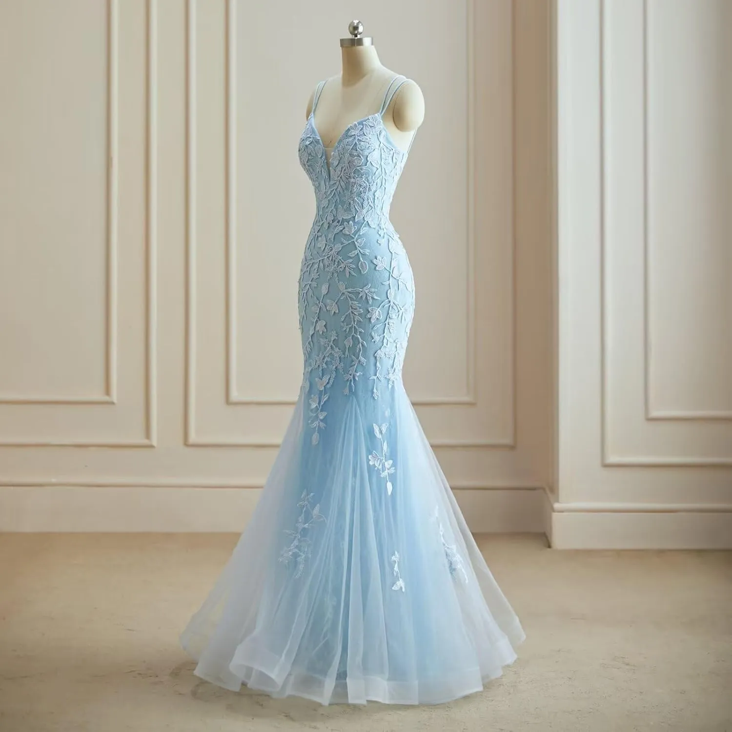 Tulle Mermaid Prom Dresses Lace Applique Spaghetti Straps Wedding Party Dresses for Women