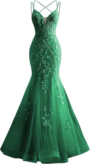 Tulle Mermaid Prom Dresses Lace Applique Spaghetti Straps Wedding Party Dresses for Women