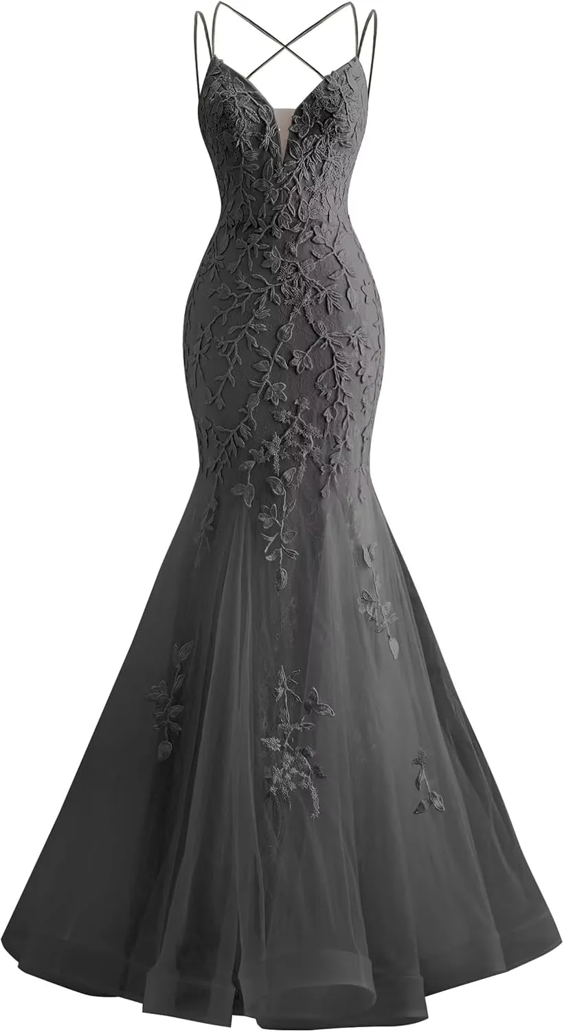 Tulle Mermaid Prom Dresses Lace Applique Spaghetti Straps Wedding Party Dresses for Women