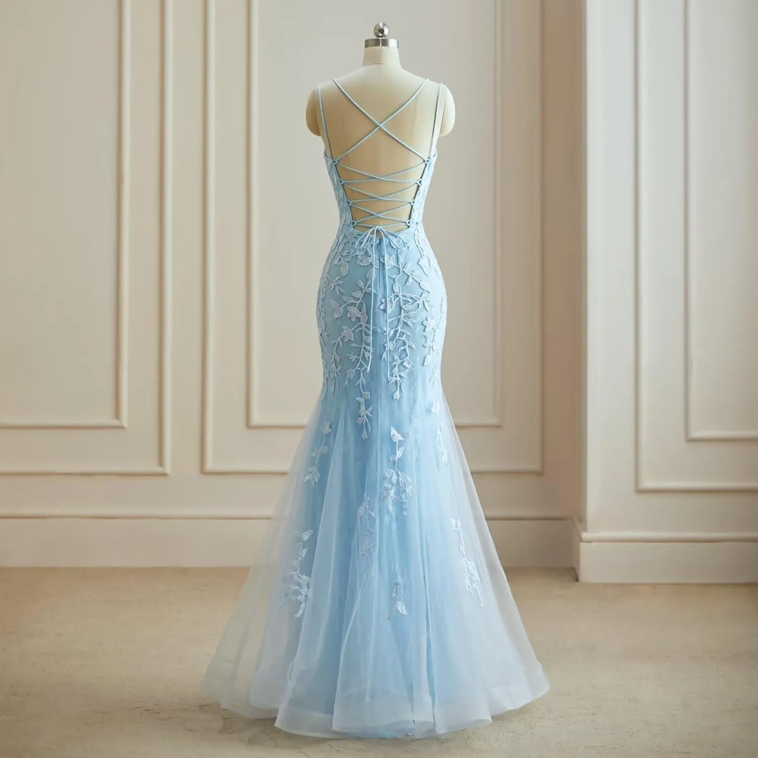 Tulle Mermaid Prom Dresses Lace Applique Spaghetti Straps Wedding Party Dresses for Women