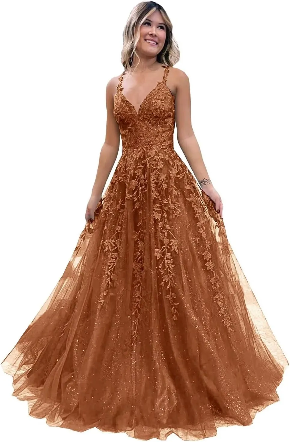 Tulle Prom Dresses Lace Appliques Sparkly A Line with Slit V Neck Formal Party Dress