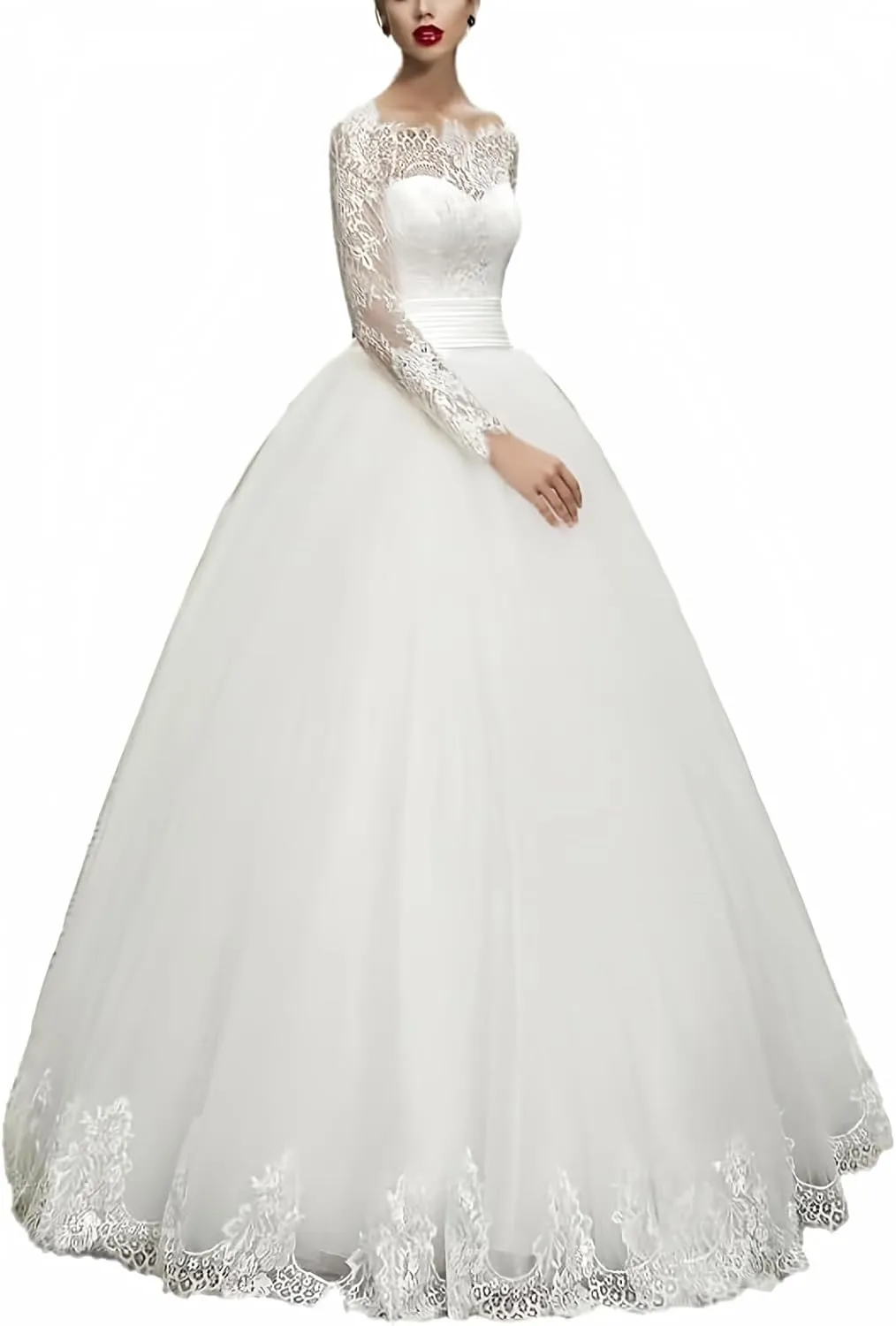 Tulle Wedding Dresses for Bride with Long Sleeves 2024 Lace Appliques Bridal Ball Gowns with Train