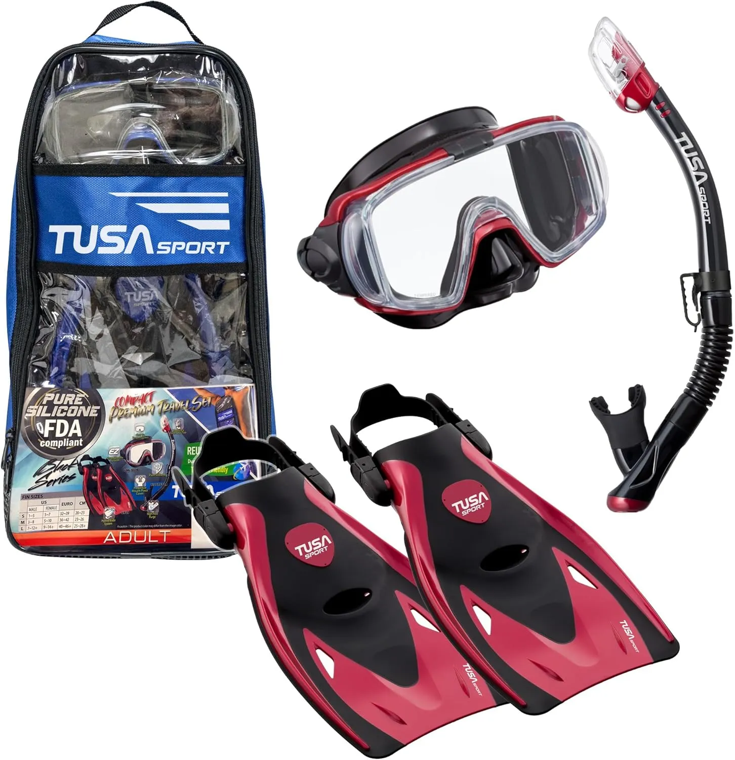 TUSA Sport Adult Black Series Visio Tri-Ex Mask, Dry Snorkel, and Fins Travel Set,