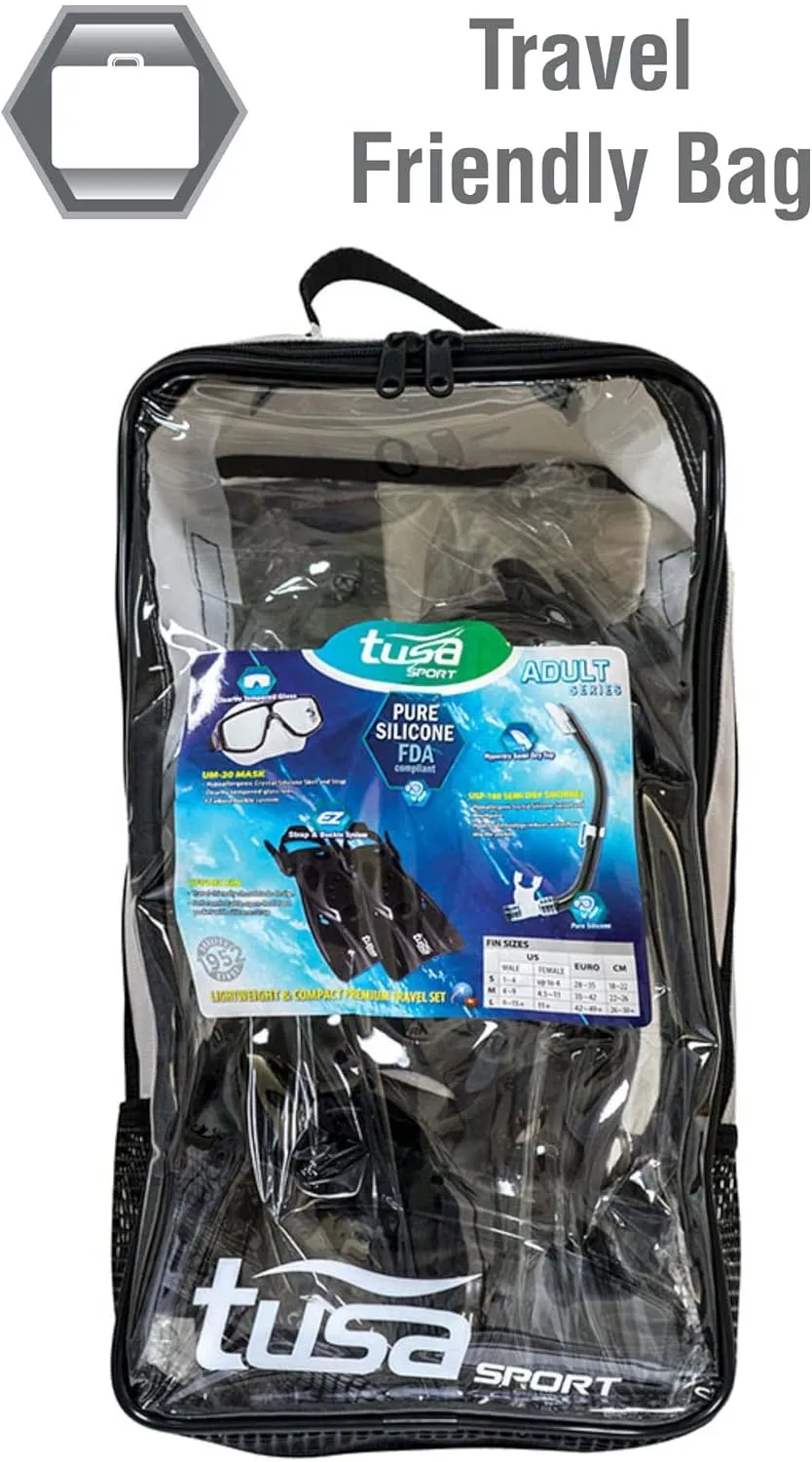 TUSA Sport Adult Platina Hyperdry Mask, Snorkel, & Fins Travel Set