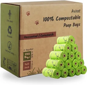 TUV Austria Home Certified Compostable Dog Poop Bags, 240 Count Extra Strong Eco Friendly and Leakproof, 9 X 13 inches